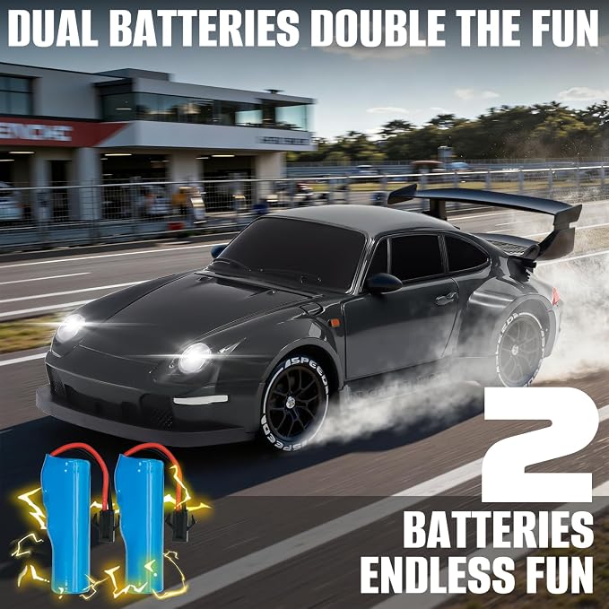 RC Drift Car,1:24 Scale Remote Control Car, 2.4GHz 20KM/H 4WD High Speed RC Cars for Kids with LED Light, Two Batteries,Drifting Tires,Racing Vehicle Toy for Adults Boys Girls Gray