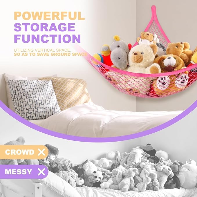 Lazebox Stuffed Animal Net Hammock for Plushie Toys, Stuffed Animal Hammock Corner for Kids' Room Decor, Ideas for Organizing Stuffy Collection, Pink, L (67" x 40" x 40")-Pack of 1