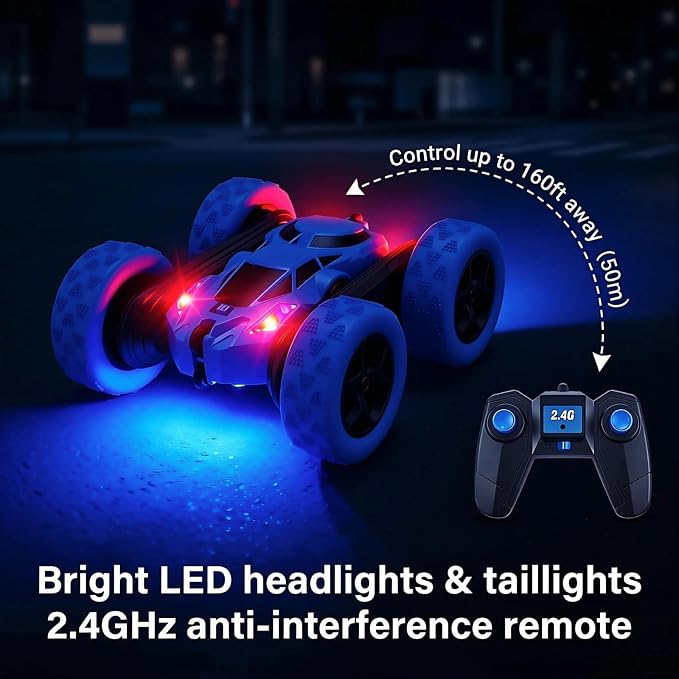 2.4GHz Remote Control Stunt Car for Boys 6-12, 360° Rotating Twin Motors Double Sided Off Road Vehicle, 4WD Rock Climbing Truck with LED Lights, 2 Rechargeable Batteries, Blue