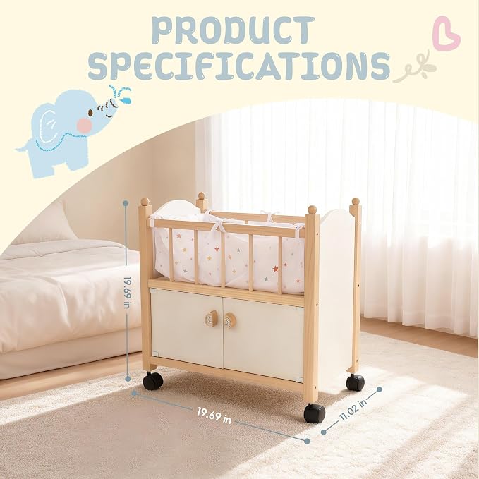 Freniland Wooden Doll Bed with Storage, Wheels & Bedding – Rolling Doll Crib with Built-in Storage for Toys, Pretend Play Doll Furniture for 18 Inch Dolls