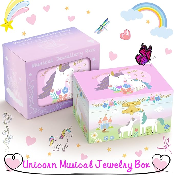 RR ROUND RICH DESIGN Kids Music Jewelry Box with Foil Gold Unicorn Theme Spinning Playback the Tune for Beautiful Dream Song Pink-Green