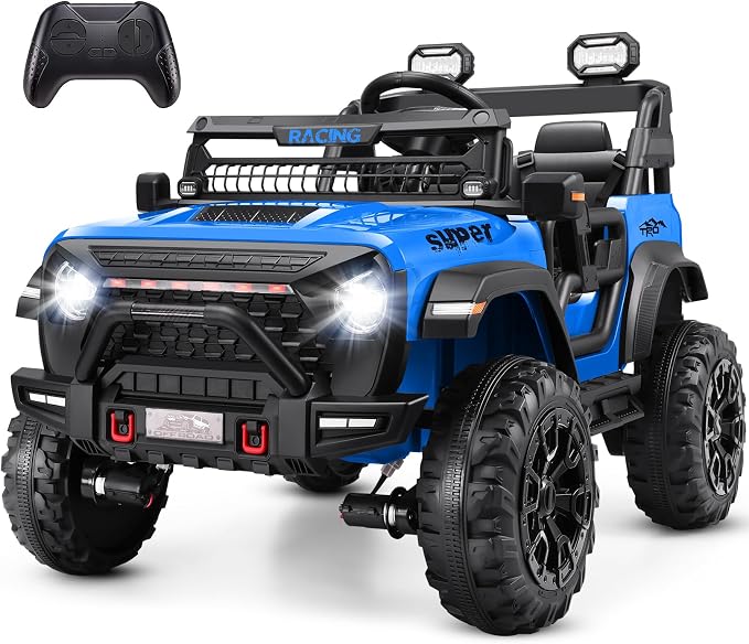 Hikole 24V 2 Seater Ride-on Car with Remote Control, Electric Car for Kids, 4x100W Motor, Spring Suspension, LED Headlights, Music, Power Wheel for Boys and Girls, Blue
