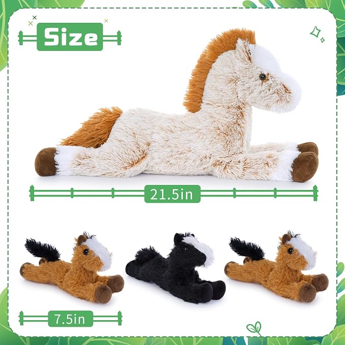 Tezituor 4Pcs Horse Stuffed Animal Set, 21inches Large Mommy Stuffed Horse with 4 Babies Pony Toys, Brown Stuffed Pony Plush Pillow for Boys Girls Birthday Gift Decoration