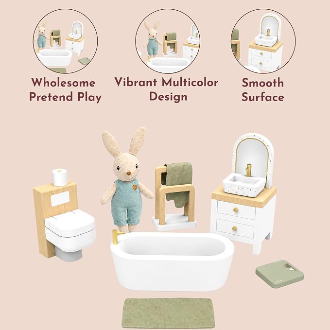 SPEEDY MONKEY Wooden Dollhouse Bathroom Playset with Bunny for Pretend Play | Miniature Bathroom Furniture Set with Bathtub, Sink, Toilet & Mirror | for Kids Ages 3+