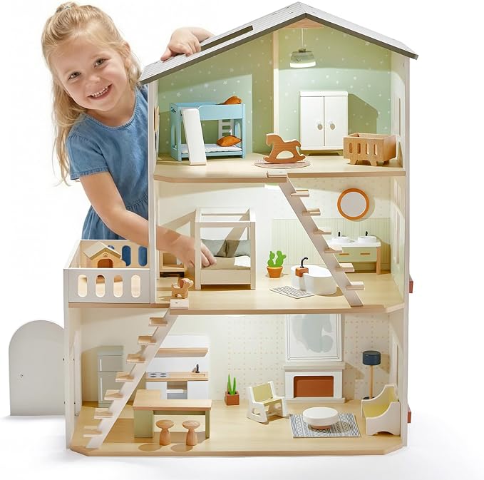 Giant bean Modern Wooden Dollhouse with Lights & 37PCS Furniture Set – Nordic Style 3-Story Playhouse for Kids Age 3+, Natural Wood Montessori Doll House with Realistic Rooms, Gift for Girls & Boys