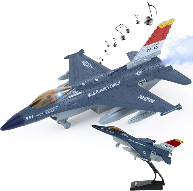 Crelloci Diecast Metal Alloy Fighter Jet Military Airplane Toy with Mist Spray, Lights & Sounds, Pull Back Function Army Air Force Aircraft for Kids, Toddlers Ages 3+, Gift for Boys Girls (Blue)