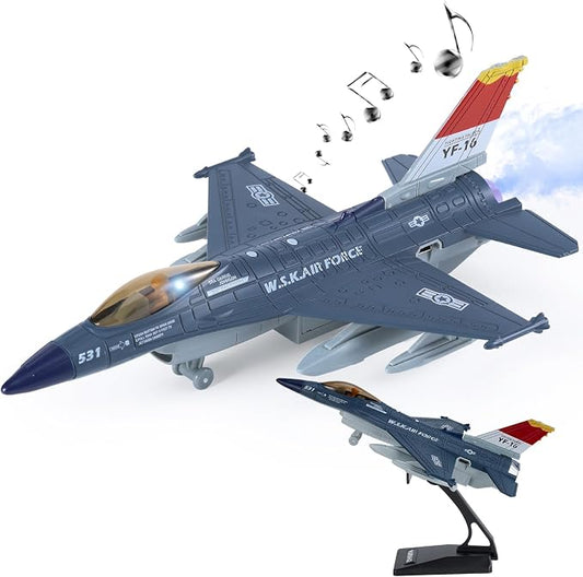 Crelloci Diecast Metal Alloy Fighter Jet Military Airplane Toy with Mist Spray, Lights & Sounds, Pull Back Function Army Air Force Aircraft for Kids, Toddlers Ages 3+, Gift for Boys Girls (Blue)