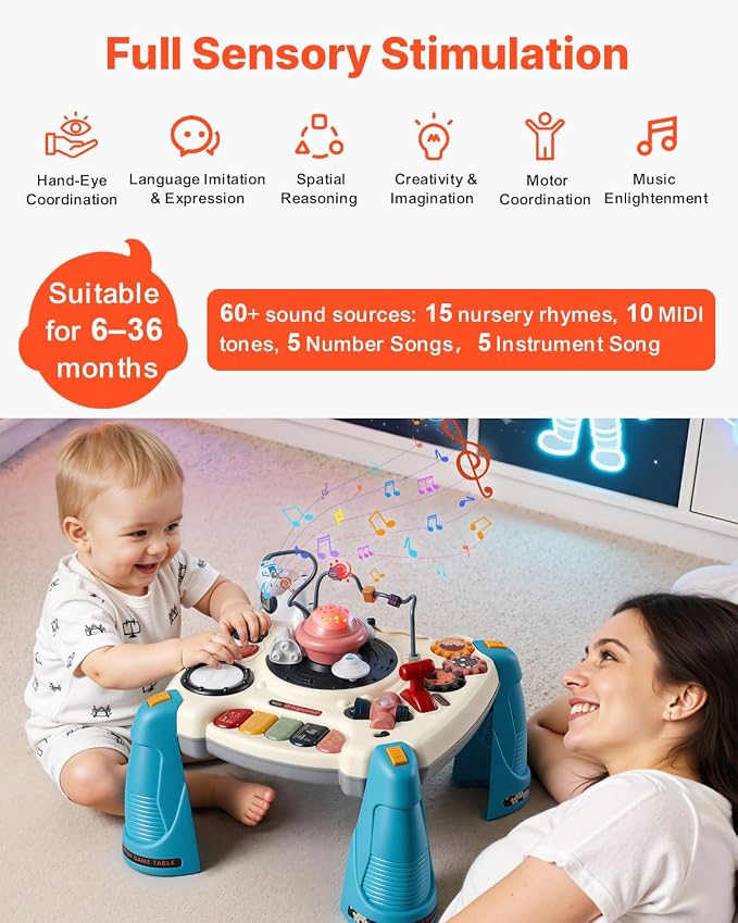 VEVOR Baby Spacecraft Musical Table Toys for Toddlers 6–18 Months, Learning Activity Desk with Space Theme & Soft-Glow Star Projector & 60+ Sound Sources, Toddler Learning Table, for Kids 6-18 Months