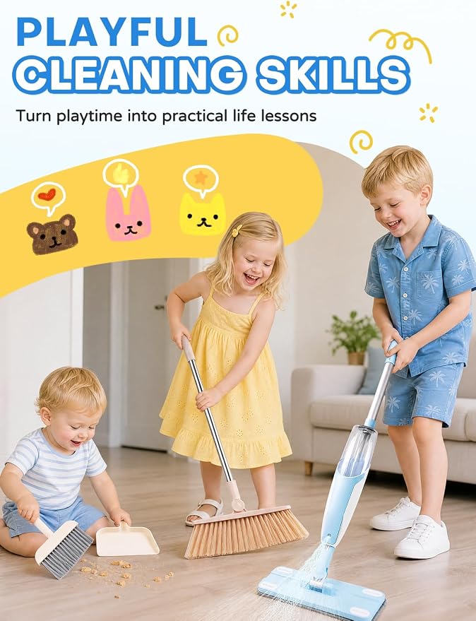 Kids Cleaning Toy Set,Blue Spray Mop Montessori Toys-Kids Cleaning Toy Set,Mini Spray Mop Montessori Toys Spray Mop & Kids Broom Dustpan Set Cleaning Toys Gift for Toddlers Girls Boys Age 3+