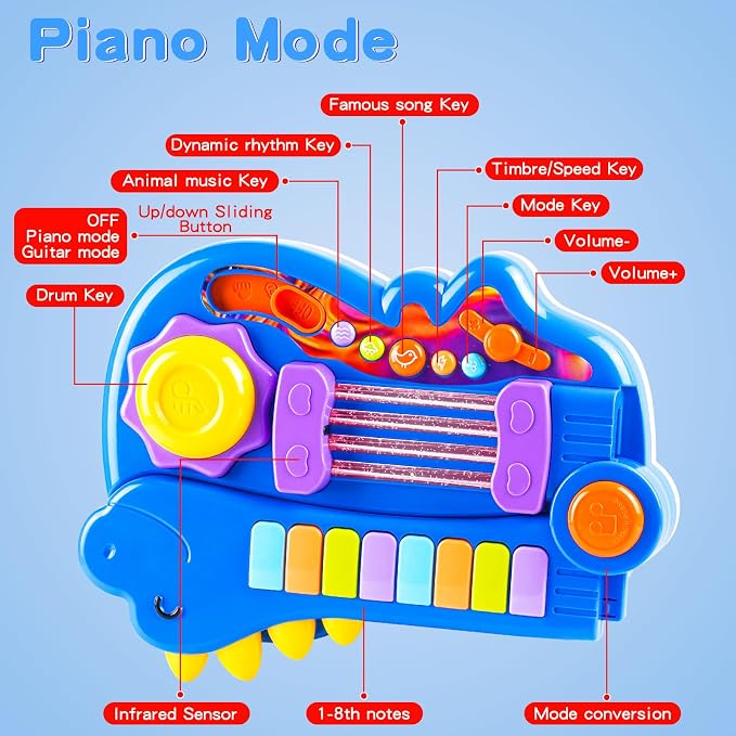 Dinosaur Kids Guitar 2-in-1 Musical Instruments for 3 4 5 Year Old Boys Girls Gifts, Toddler Electric Guitar Piano Toy with Strap & Dino Design (Blue)