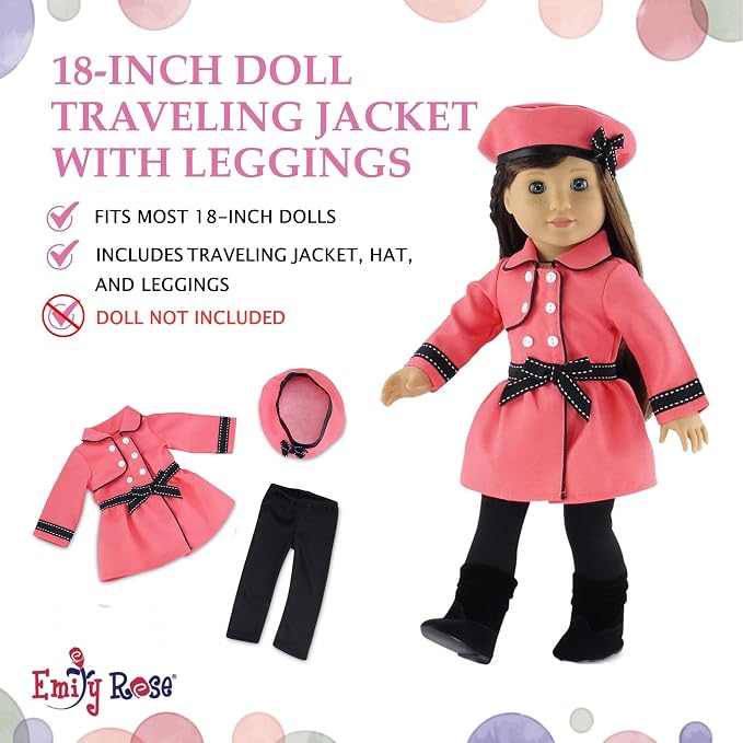 Emily Rose 18" Doll Paris Fashion Bundle - 7-Piece Chic Travel Outfit Set with Coat, Beret Hats, Graphic Tee & Ankle Boots - Gift Boxed French Style Clothes Compatible with American Girl Dolls