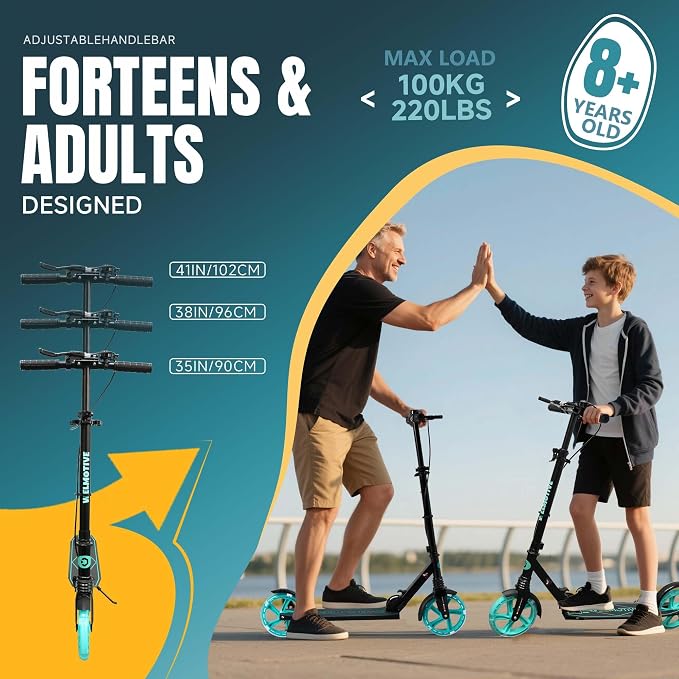 Kick Scooter for Kids Ages 8+ Teens & Adults, with Front handbrake and Rear Brake, and Adjustable Handlebars, Big Sturdy PU Flash Wheels Great Gift & Toy
