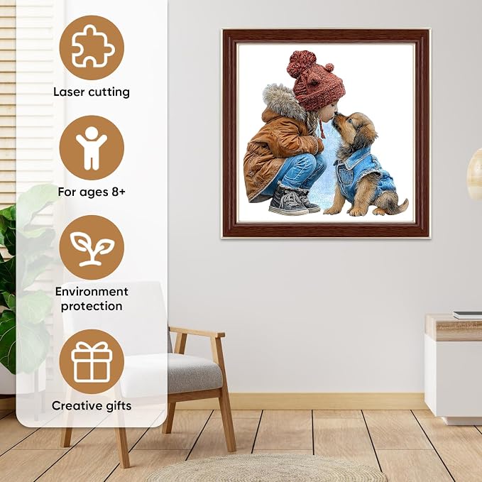 MEATRN Wooden Puzzles for Adults - Little Girl Kissing Puppy, 509 Pcs, 16.8x17 in, Cute Animal Wood Jigsaw Puzzle, Heartwarming Parent-Child Game, Birthday Gift for Kids Home Décor