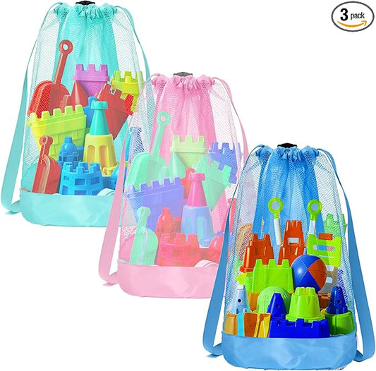 Vodolo Beach Toy Bag,3pcs Mesh Travel Sand Toys Backpack for Sandbox Buckets,Beach Vacation Essentials for Kids,Shell Collecting Bag Shelling Tools,Beach Must Haves Sand Box Toys Seashell Bags