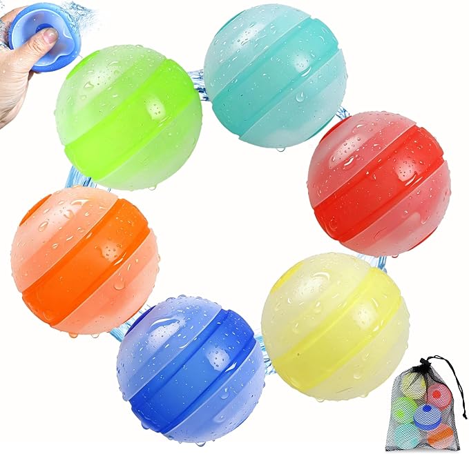 Reusable Water Balloons 6 Pcs Quick-Fill Self-Sealing Pool & Beach Water Toys for Boys Girls Ages 3-12, Outdoor Summer Splash Balls for Backyard Kids Activities (6 Colour)