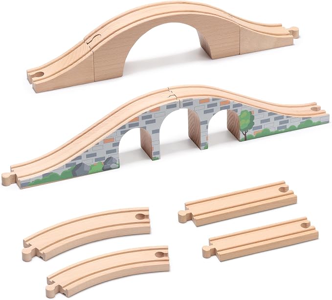 SainSmart Jr. 9 Pcs Wooden Train Track Expansion with Bridge, Wood Train Track Pieces Compatible with Thomas, Brio, Chuggington – Sturdy Hardwood for Long-Lasting Play, Ideal Gift for Kids 3-7
