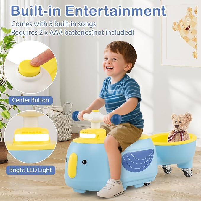 HONEY JOY Ride On Push Car with Trailer, Indoor Outdoor Toddler Riding Toys w/Under-seat Storage, LED Light, Music, Foot-to-Floor Sliding Car, No Battery Baby Ride On Toys for Boys and Girls (Blue)