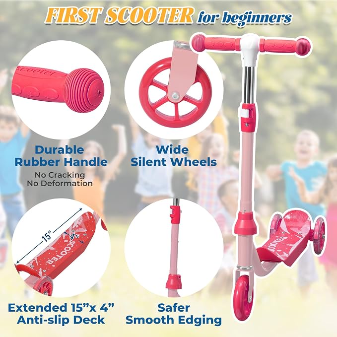 Kids Scooter Ages 3-7, 3 Wheel Scooter with LED Light Up Wheels, Safer Steering & Adjustable Handlebar, Wide Anti-Slip Deck, Heavy Duty Metal Kick Scooter for Boys Girls Toy Gift, Up to 110 lbs