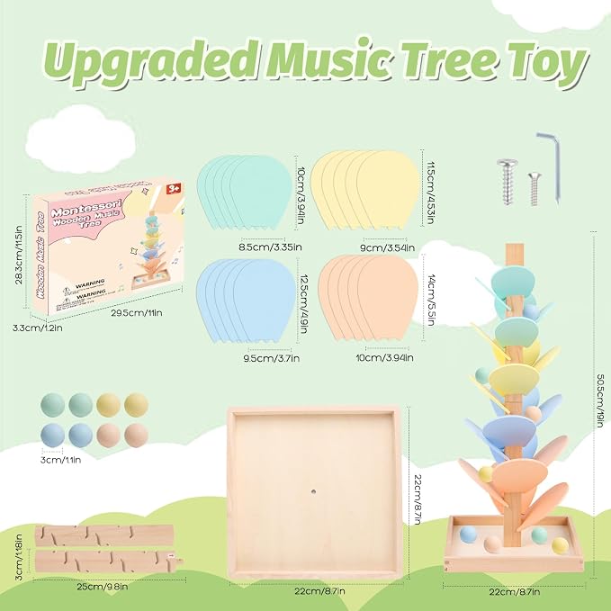Marble Run Wooden Ball Drop Toys for 3-5 4-8 Wood Montessori Toys Music Tree for Toddlers Musical Game Learning Color Sorting Sensory Toys for Boys Girls 8-12 Gift (Height: 19.9in) (1.1in Balls)