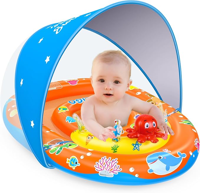 EZIGO Baby Pool Float with Canopy UPF50+ Sun Protection, Inflatable Kids Pool Floats with Ocean Animal Toys for Baby 6-36 Months, Infant Swimming Float with Adjustable Safety Seat for Boys Girls