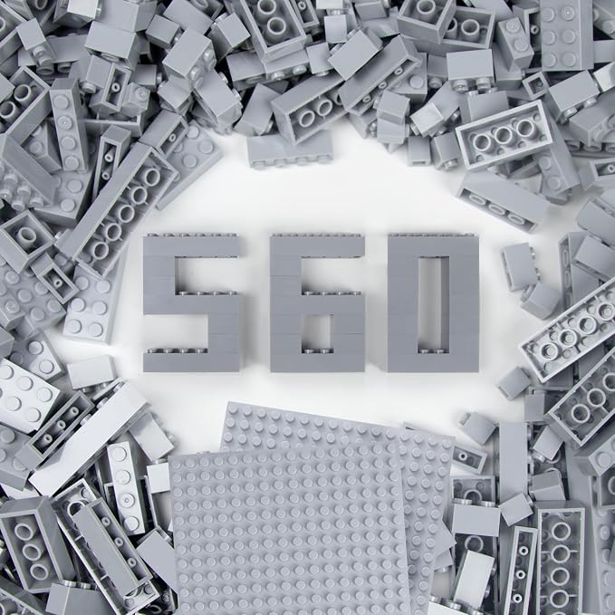 Cabeeskii 560 Pieces Gray Classic Building Blocks Bulk with 2 Base Plates, Building Bricks in 7 Size, Compatible with All Major Bricks, for Kids & MOC Lovers