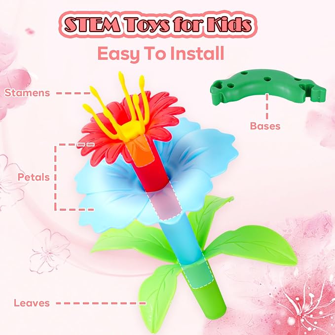 FUNZBO Girl Flower Garden Building Toys Set - Birthday Gifts for Age 3 4 5 6 7 8 Years Old Girls, STEM Montessori Educational Toy for Toddler Kids, Sorting & Stacking Spring Gardening Set
