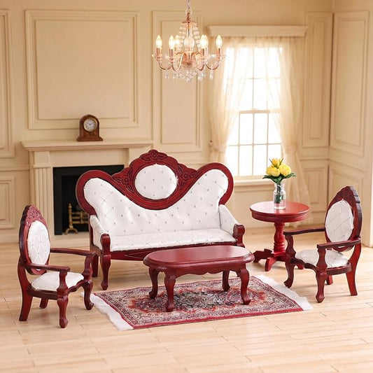 Skylety 7 Pcs Victorian Dollhouse Furniture Set 1: 12 Scale Wooden Mini House Living Room Furniture and Accessories, Sofa Table Chairs Vase for Adults Toys Gift Retro Miniature Doll House Accessories