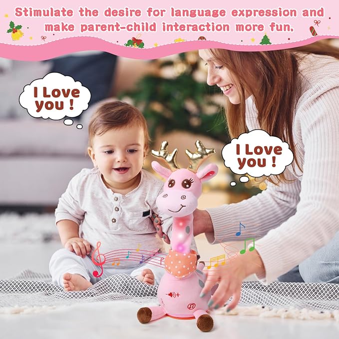 Dancing Talking Giraffe Toy, Stuffed Animal Baby Toy Repeating What You Say, Glowing Musical Giraffe Gifts for Toddlers 1-3 Years Old, for Kids (Pink Giraffe with Golden Antlers)