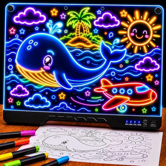 Upgraded 16” LED Drawing Board – Rechargeable, 7 Colors, 10 Light Modes, Adjustable Brightness – Acrylic Light Board for Tracing with Stand, Markers and Full Kit – Birthday Gift Set (Black)