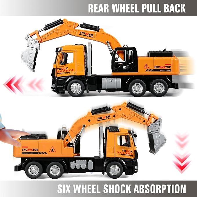 Excavator Toy Diecast Metal Cab Construction Truck Toys for Kids Excavator with Movable Robotic Arm Pull Back Toy Excavator with Lights and Sounds Excavator Toys for Boys 3-5 Year Old