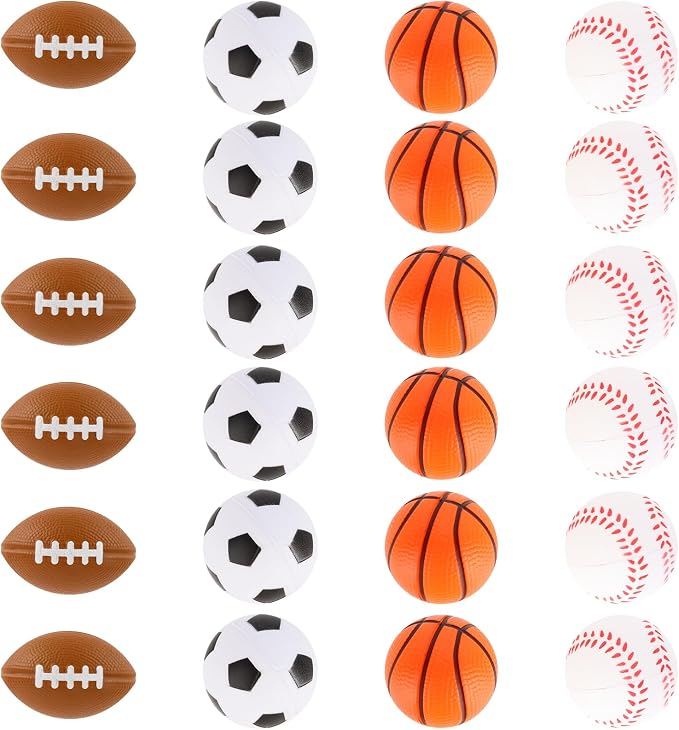 Hooqict Mini Sports Balls 24 Pack Sports Stress Ball Party Favors for Kids Mini Foam Baseball Football Soccer Basketball Stress Ball Relief Toys Classroom Goodie Bags Stuffers