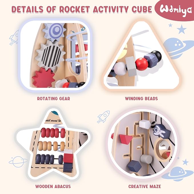 Wdmiya Space Wooden Activity Cube Toys for Baby, Montessoritoys for 1 Year Old Boy & Girl Birthday Gifts, Sensory and Educational 1st Birthday Gifts, Busy Board Toys for Baby Boy 6-18 Months (Rocket)