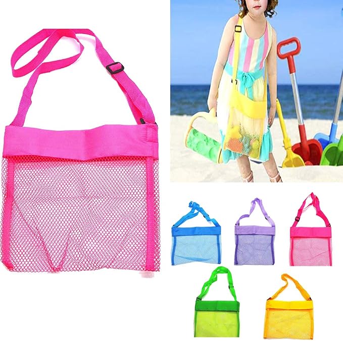 LEMAXELERS 5-PCS Colorful Mesh Beach Bag Shell Collecting Bag Toy Holding Shells with Adjustable Carrying Straps Beach Bags for Kids (5-Pack)