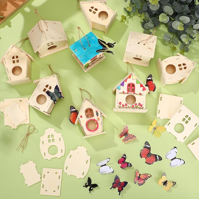 Sawysine 107 Pcs DIY Birdhouse Kits for Kids Ages 5-8 8-12, 48 Wooden Bird House Kits in 6 Shapes and 57 Butterfly Sticker for Children Spring Craft Activity Art DIY Project(Lovely Style)
