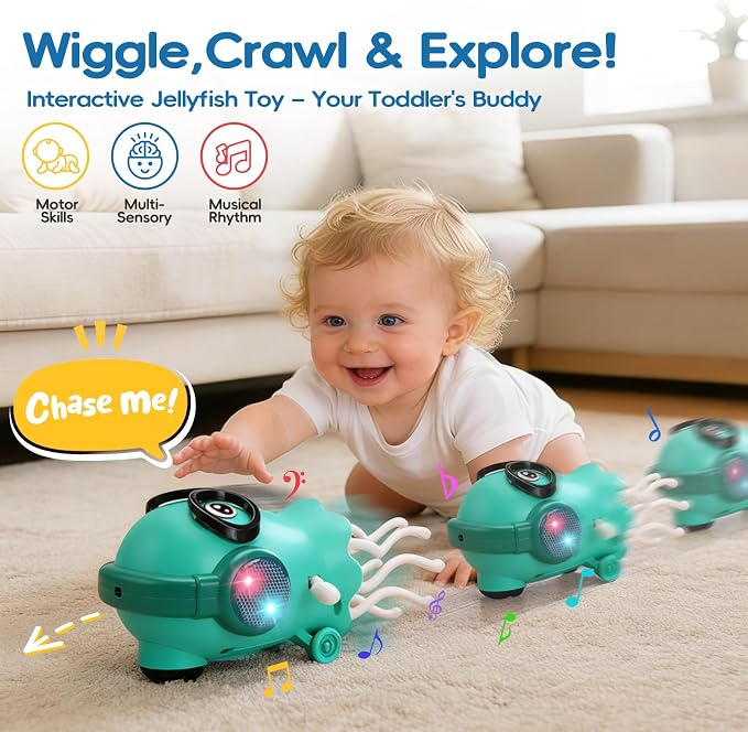 GONINO DJ Dancing Jellyfish Baby Toys, Musical Crawling Tummy Time Toys with LED Light & Smart Obstacle Avoidance, 360° Spin Sensory Toys for Toddlers, Kids Toys Birthday Gifts for Boys Girls, Green