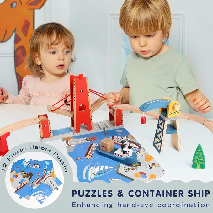 Qilay 121PCS Wooden Train Set with Storage Bag - Busy Port City Wooden Train Track Set Toy for Kids Ages 3+, Compatible with Major Brands, Great Birthday Railway Playset Gift for Boys & Girls