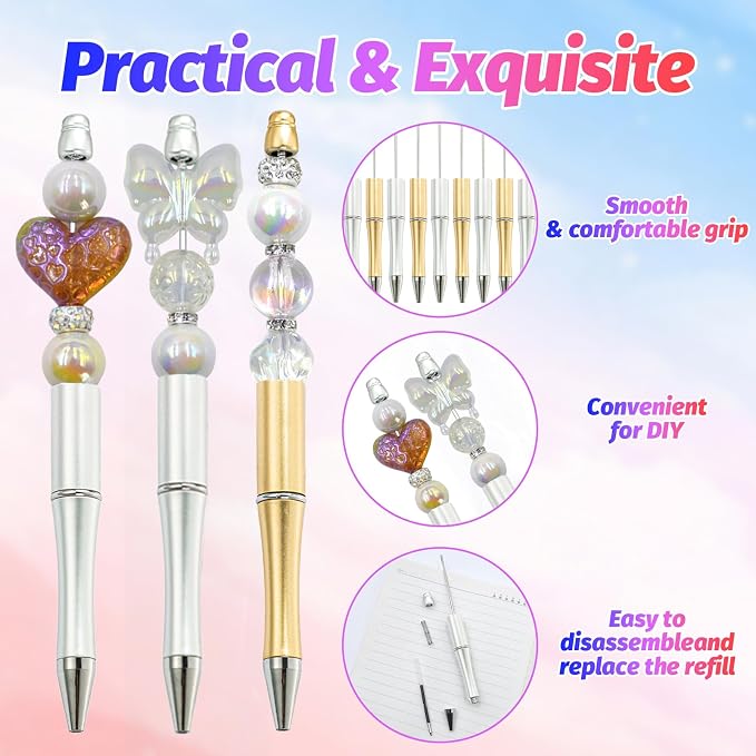 150 Pieces DIY Beadable Pen Kit – 50 Plastic Ballpoint Pens with Refills & Bags – School Supplies, Office Accessories & Decorative Items for Students & Teachers (Silver and Gold)