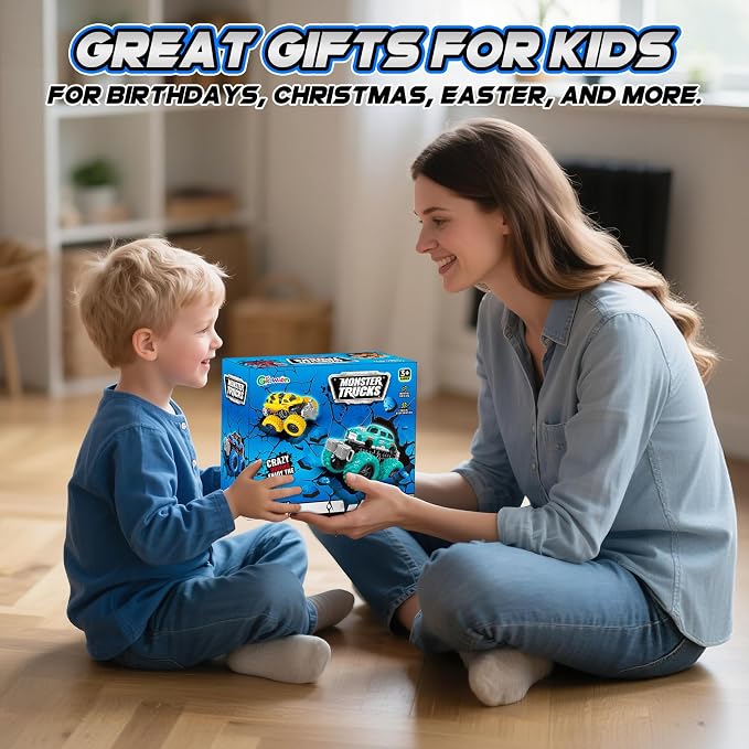 Monster Truck Toys for Kids, 6 Pack Friction Powered Push and Go Cars, Great Christmas Birthday Party Gifts for Boys Girls Age 3-5 4-7