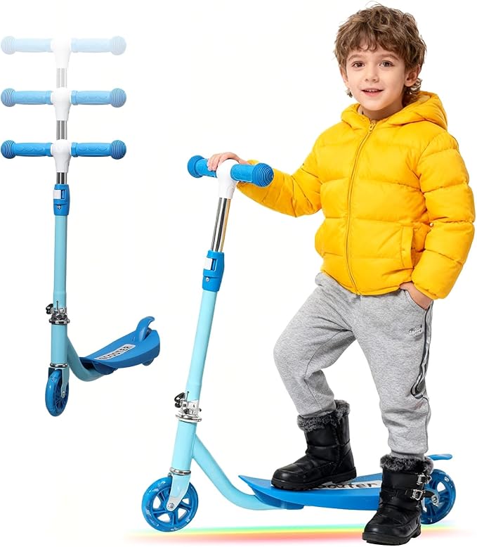 Kick Scooter for Kids 4-8, 2 Light Up Wheels, Heavy Duty Scooter with 3 Height Adjustable Handlebars, Rear Break, Widen Anti-Slip Deck, Max Load 110 Lbs for Boys Girls Ages 3+, 4.7Lbs