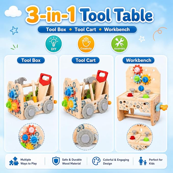 Kids Tool Set Toy, Wooden Building Tools Set with Hammer, Saw, Screwdriver, Gears, Montessori STEM Educational Construction Toy, Pretend Play Repair Tools for 3+ Year Old Boys & Girls, Birthday Gift