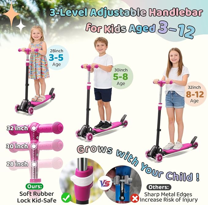 Kick Scooters for Kids 5-7 8-12,Lean to Steer,Three Wheeled Light Up,28"-32" Adjustable Handlebar,Widen Anti-Slip Deck,Floor Push Scooter for Boys Girls Ages 6-12 3-4 Old,Foldable for Travel