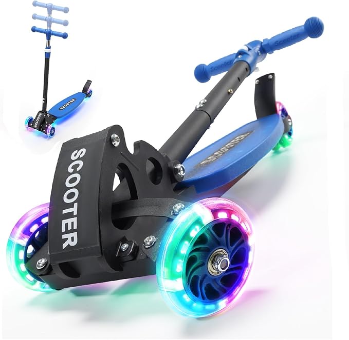 3 Wheel Scooter for Kids Ages 3-12, LED Light-Up Kids Kick Scooter–Portable Foldable, Adjustable Height, Durable Metal Construction, 6" Extra Wide Deck for Outdoor Activities,Child Safety Certified