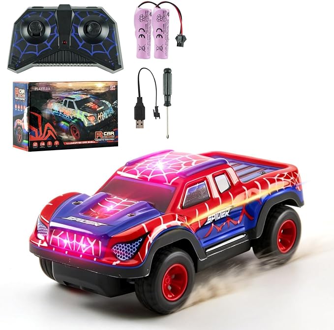 Spider RC Car for Kids, 1:24 Remote Control Car with Color-Changing LED Lights, 2.4GHz 50m Range, 2 Rechargeable Batteries, Assorted Black/Red, Racing Toy Gift for Boys Girls Ages 6-12