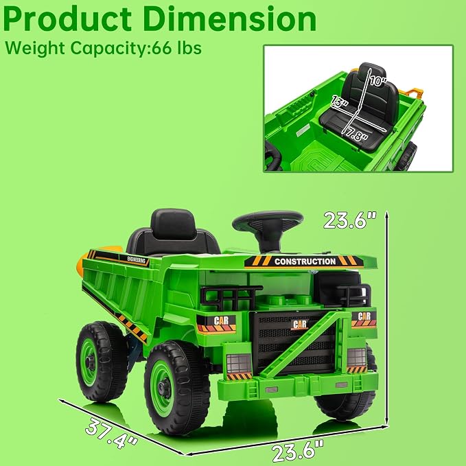 12V Ride On Dump Truck Kids Ride On Car for Kids, Battery Powered Electric Car with Remote Control, Electric Dump Bed, Wear-Resistant Tires, 4 Wheels Tractor Ride On Toys, Green