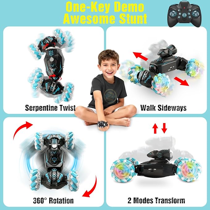 Gesture Sensing Remote Control Car, RC Cars Toys for Boys Age 6-12, 4WD Hand Controlled Twist & Transform 360° Spins Stunt Car with Mist, Light & Music, 8-10 Year Old Boys Birthday Gift Blue