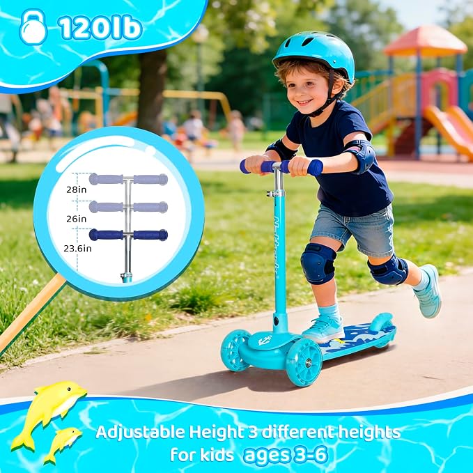 Nattork 3-Wheel Toddler Kick Scooter for Kids Girls Boys – Adjustable Height Scooter with Light-Up Wheels, Anti-Slip Deck, Lean-to-Steer Design for Ages 2-8