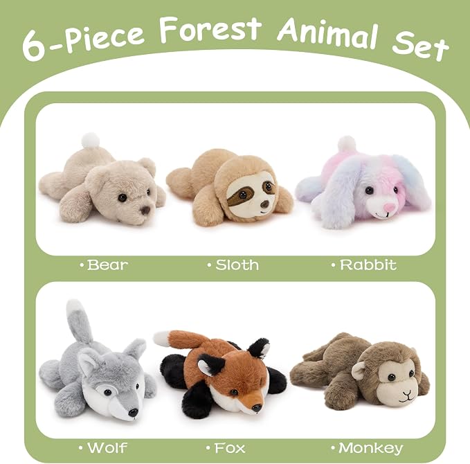 Tezituor 6 Pcs Forest Stuffed Animals Bulk, 7" Small Woodland Plush Fox Wolf Sloth Bear Monkey Puppy, Cute Assorted Plushies Toy Gift for Kids Baby Shower Birthday Party Favor