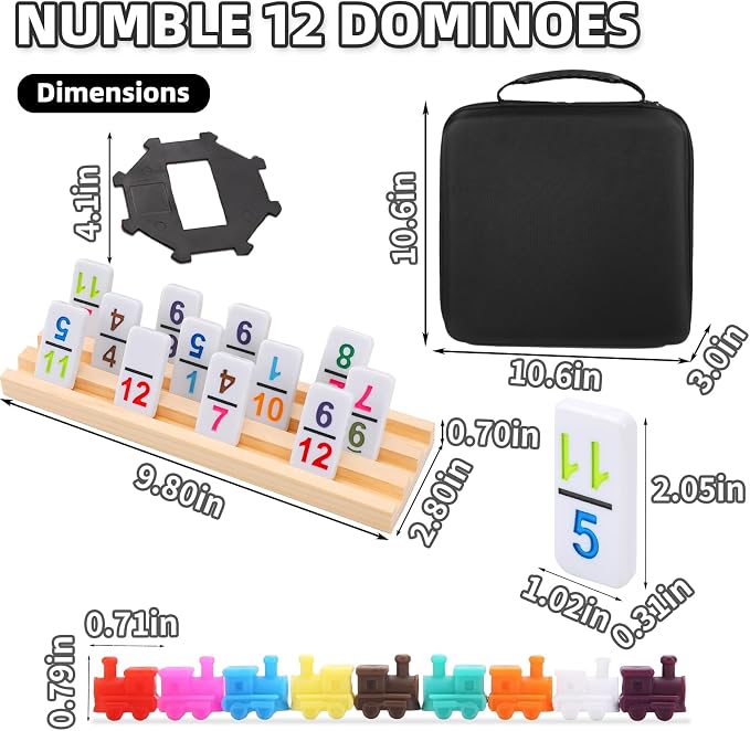 Doreimi Mexican Train Dominoes Set Numbers and 8 Wooden Holders, Double 12 Travel Domino Train Game with 91 Colored Tiles and Protable Case, Number Domino Set for Kids, Adults Family Board Team Games