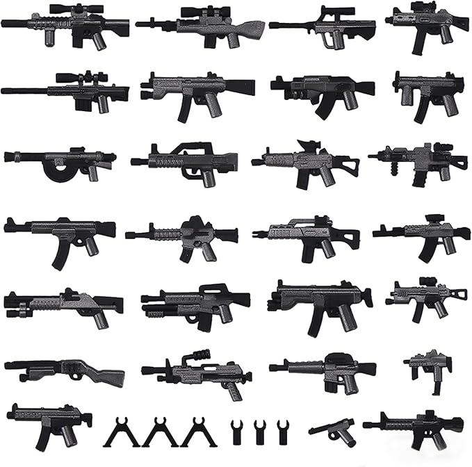 Military Weapons Pack, Military Toy Gun Set for Classic Building Blocks, 33 Pieces WW2 Army Accessory Combination, Compatible with Major Brands, Silver-Black