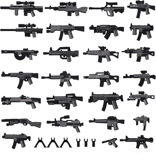 Military Weapons Pack, Military Toy Gun Set for Classic Building Blocks, 33 Pieces WW2 Army Accessory Combination, Compatible with Major Brands, Silver-Black